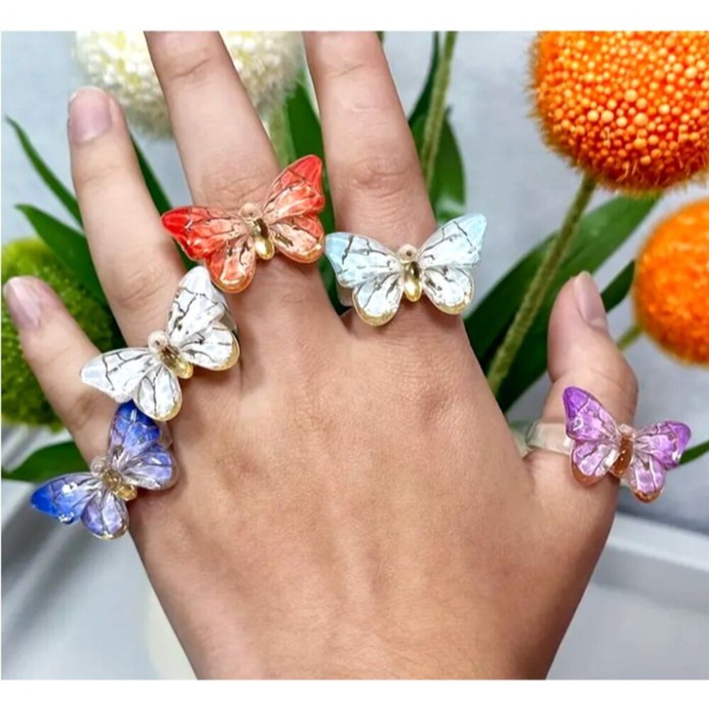 2 Rings White Gold Butterfly & Light Blue Band Acrylic Resin Ring